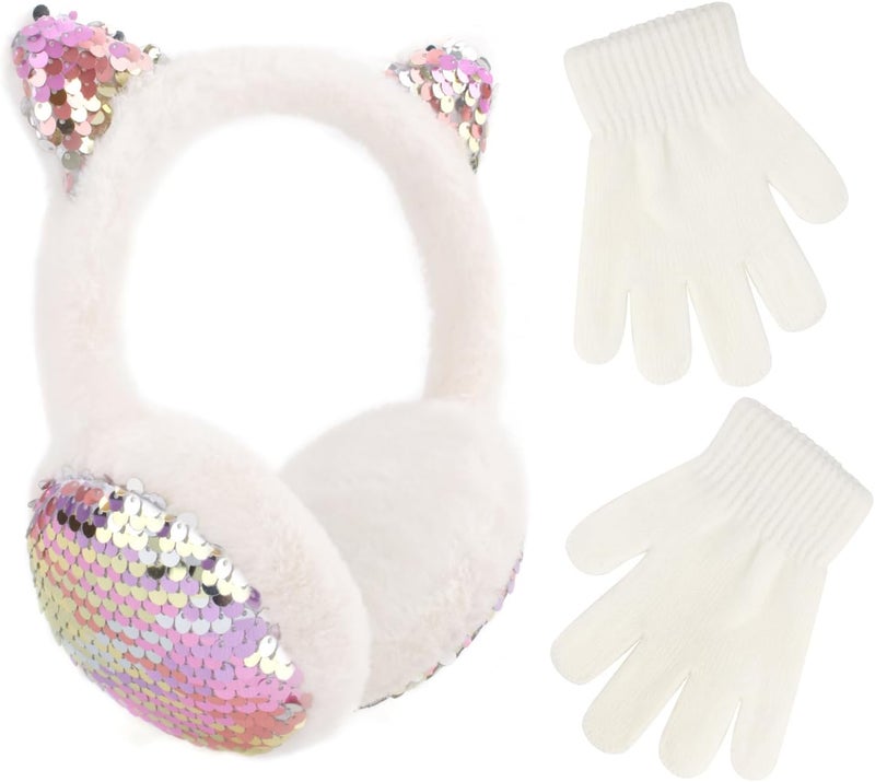 EDCYF Ear Muffs Gloves Set for Kids Girls Winter Ear Muffs Adjustable Sequins Warm Earmuffs Furry Outdoor - Image 1